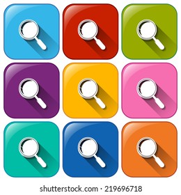 Illustration of the icons with magnifying lens on a white background  