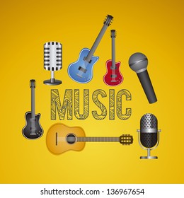 Illustration of icons of music, musical instruments and equipment, vector illustration