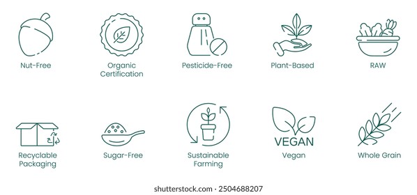 Illustration Icons von Nut-Free, Organic Certification, Pesticide-Free, Plant-Based, Raw, Recyclable Packaging, Sugar-Free, Sustainable Farming, Vegan, Whole Grain