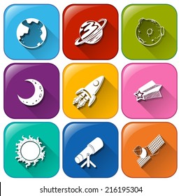Illustration of the icons with objects found in the outerspace on a white background
