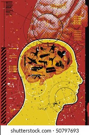 Illustration with icons overlaid on a cross section of the human brain.