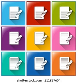 Illustration of the icons with papers and pencils on a white background