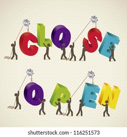 illustration of icons of people forming words with colorful letters 3D, Open and Close, illustration