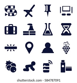 illustration icons set. Set of 16 illustration filled icons such as currant, grape, factory, baby crawl, pin, outdoor chair, luggage, camera, TV set, test tube, cream tube