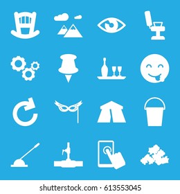 Illustration icons set. set of 16 illustration filled icons such as tent, baby bed, barber chair, mud, emot showing tongue, bucket, water pipe, arm lever, mask