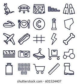 illustration icons set. Set of 25 illustration outline icons such as kangaroo, canister, lighthouse, ruler, whirligig, equalizer, tractor, boot, cargo on cart