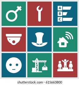 Illustration icons set. set of 9 illustration filled icons such as construction crane, security camera, ranking, sad emot, male, hat, wrench, statistic
