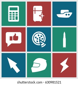 Illustration icons set. set of 9 illustration filled icons such as boat, clean fridge, pizza, helmet, flash, calculator, pointer, bullet