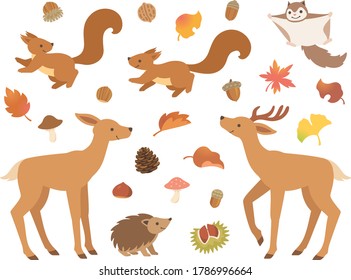 Illustration icons set of forest animals, autumn leaves and nuts (deer, squirrels, hedgehog, flying squirrel) 