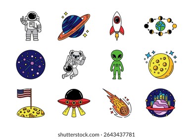 ícones de ilustração da nave espacial alienígena na coleção de galáxias