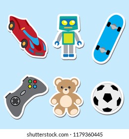 Illustration of an icons of toys, trolley, robot, video game, skate, ball, teddy bear. Ideal for catalogs, information and institutional and educational material