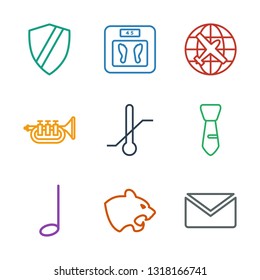 illustration icons. Trendy 9 illustration icons. Contain icons such as mail, panther, music note, tie, thermometer, trumpet, plane, floor scales. illustration icon for web and mobile.