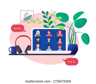 illustration of icons for video Conferences with laptop screen and headphones. Flat vector illustration eps10. Concept of social distancing, business discussion remote