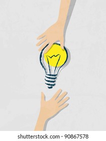 illustration of idea bulb. Transfer of ideas from hand to hand.