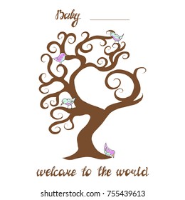 Illustration with idea for card with baby shower tree.Text "Baby (name)", "welcome to the world". Can be used like baby shower tree for fingerprints and guest book.