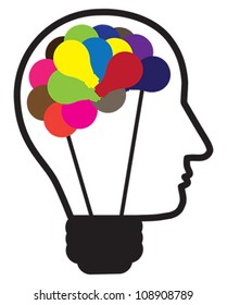 Illustration of idea light bulb as human head creating ideas shown by multicolor bulbs in shape of brain. Also can be used as concept for problem solving and out of the box thinking.