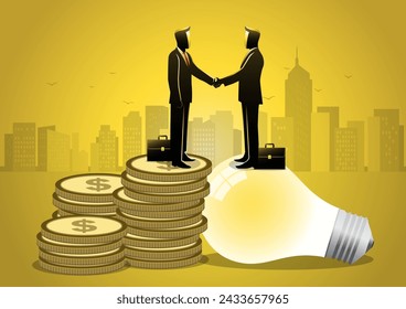 An illustration of Idea pitching, fund raising and venture capital, selling business or merger agreement concept