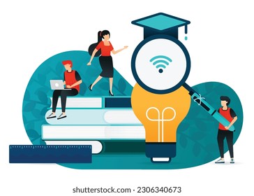 ilustración de ideas en educación. los estudiantes estudian pilas de libros para obtener información. para sitio web, web, afiche