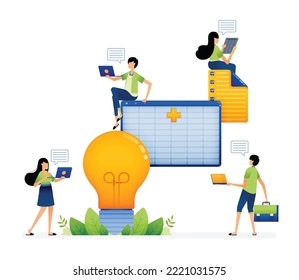 Illustration of ideas for more efficient bookkeeping using accounting software and applications. Designed for website, landing page, flyer, banner, apps, brochure, startup media company