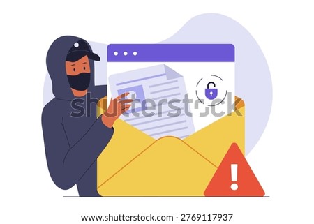 Illustration of Identity Theft Hacker Stealing Personal Profile. A masked hacker in hoodie stealing a personal user profile and documents from an email, representing identity theft and privacy breach