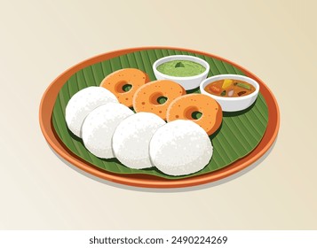 illustration of Idly and vada, south Indian main breakfast item which is  arranged in a plate lined with banana leaf .