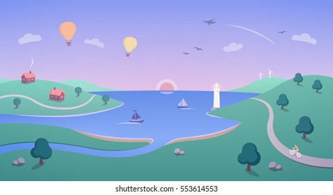 Illustration with Idyllic Coastline - houses, boats, a cyclist, a lighthouse and hot air balloons flying over beautiful coastal scenery as the sun rises.