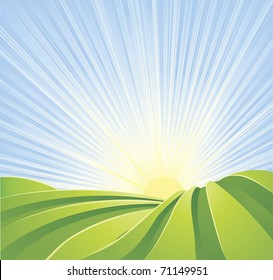 Illustration of idyllic green fields with sunshine rays and blue sky. A perfect landscape scene.