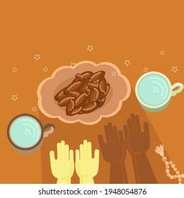 illustration of iftar party background with dates, water and praying hands simple look good for media social, greeting card, poster