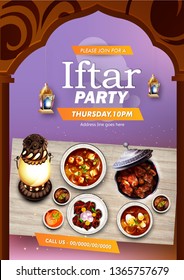 illustration of Iftar party composition with traditional  dishes and lantern. Ramadan Kareem