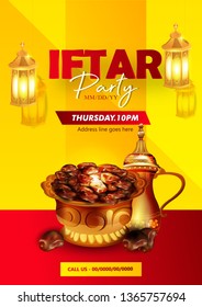 illustration of Iftar party composition with traditional  dishes and lantern. Ramadan Kareem