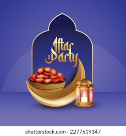  Illustration for Iftar party in Eid Mubarak ,festival of lights, design card, banner, poster. Illustration of Ramadan Kareem with lanterns and golden Moon.