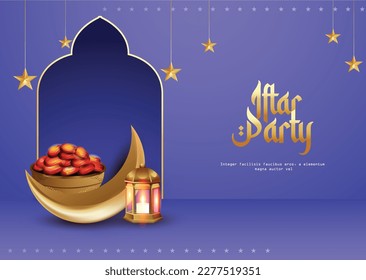  Ilustración para la fiesta de Iftar en Eid Mubarak, festival de luces, tarjeta de diseño, cartel, afiche. Ilustración de Ramadan Kareem con linternas y luna dorada.