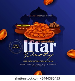 Illustration for Iftar party in Eid Mubarak ,festival of lights, design card, banner, poster. Illustration of Ramadan Kareem with lanterns and golden Moon.