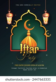 Illustration for Iftar party in Eid Mubarak ,festival of lights, design card, banner, poster. Illustration of Ramadan Kareem with lanterns and golden Moon.
