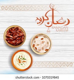 illustration of Iftar party invitation greeting Ramadan Kareem (Generous Ramadan) greetings in Arabic freehand for Islam religious festival Eid with antique golden jug and drink glass