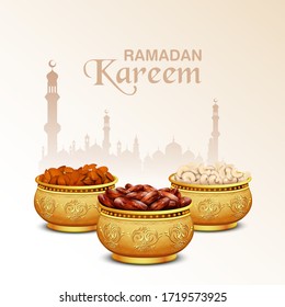 illustration of Iftar party invitation greeting Ramadan Kareem (Generous Ramadan) greetings for Islam religious festival Eid with date and dry fruit