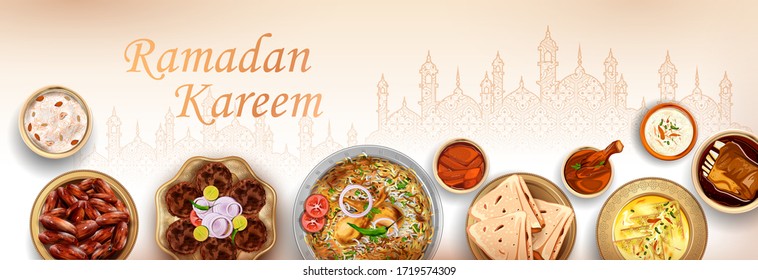 illustration of Iftar party invitation greeting Ramadan Kareem (Generous Ramadan) greetings for Islam religious festival Eid with grand meal