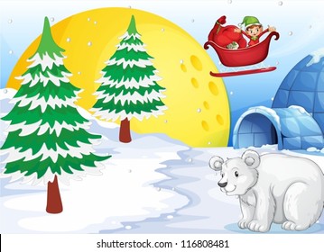illustration of igloo, polar bear and moon
