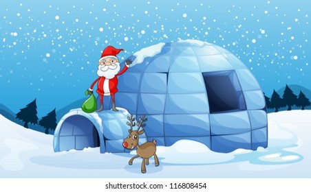 illustration of an igloo and a santa clause in nature