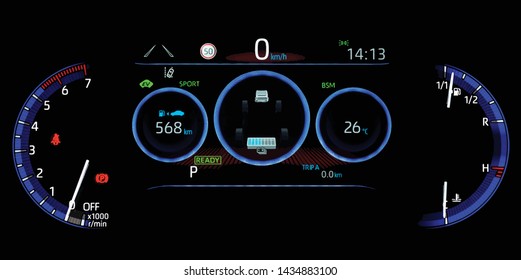 Illustration of illuminated car dashboard panel in hybrid vehicle. Instrument panel with display indicating battery charge level, speedometer, tachometer, odometer, fuel gauge and digital fuel range.