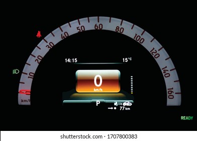 Ilustración de velocímetro circular iluminado en vehículo eléctrico completo. Cluster de Camión con indicador de velocidad analógico y digital. Panel de instrumentos con recordatorio del cinturón de seguridad e icono de luces de cruce.