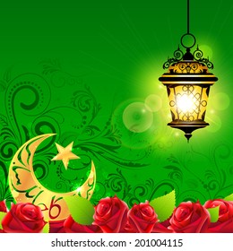 illustration of illuminated lamp on Eid Mubarak (Happy Eid) background