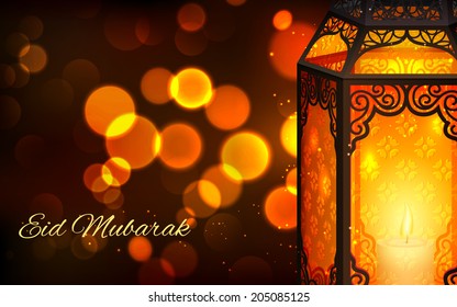 illustration of illuminated lamp on Eid Mubarak (Happy Eid) background