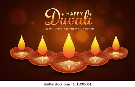 Illustration of Illuminated Oil Lamps (Diya) Decorated on Brown Background for Happy Diwali Celebration.