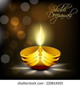 Illustration of illuminated oil lit lamp of golden colour with beautiful text of shubh deepawali in night view.