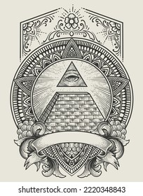 illustration illuminati pyramid with engraving style