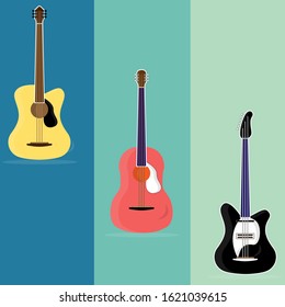 The illustration illustrates 3 adjacent guitar objects and various colors
