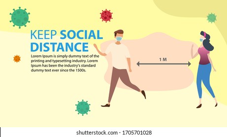 illustration illustrating 2 people who are doing social distancing as a way to prevent the spread of covid-19 virus