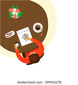 Illustration of illustrator work in flat style. Work elements pencil paper robot coffee and smart phone.