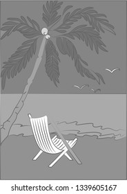 Illustration with the image of the beach, palm trees and sun lounger.